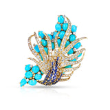 Sterlé Pierre Turquoise, Sapphire and Diamond Earring and Brooch Set, French
