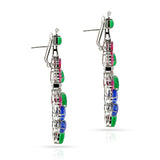 Ruby, Emerald, Sapphire Carved Leaves with Diamond Chandelier Earrings, 18k