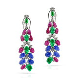 Ruby, Emerald, Sapphire Carved Leaves with Diamond Chandelier Earrings, 18k
