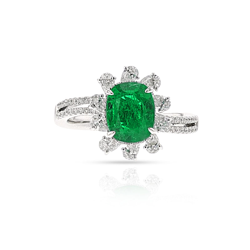 GIA Certified Natural Cushion-Cut Emerald and Diamond Ring, 18k