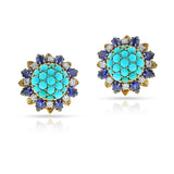 Turquoise Cabochon and Sapphire and Diamond Cluster Earrings, 18k