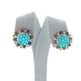Turquoise Cabochon and Sapphire and Diamond Cluster Earrings, 18k