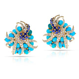 Sterlé Pierre Turquoise, Sapphire and Diamond Earring and Brooch Set, French