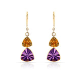 Triangular Citrine and Amethyst with Diamond Rose Cut Hoop Earrings, 18k