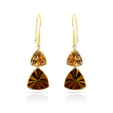 Citrine and Bear Quartz Triangular Dangling Hoop Earrings, 18k