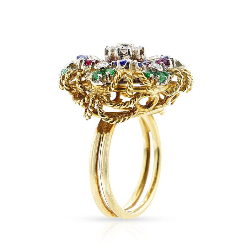 Ruby, Emerald, Sapphire and Diamond Floral Ring, 18k