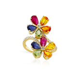 Multi-Sapphire and Diamond Double Floral Cocktail Ring, 14k
