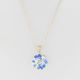 White and Blue Floral and Gold Lining Kintsugi Pendant Necklace, 14K