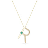 Bold and Textured Gold "R" Alphabet with Malachite Cabochon Pendant Necklace, 14k