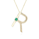 Bold and Textured Gold "R" Alphabet with Malachite Cabochon Pendant Necklace, 14k