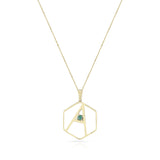 Hexagon "A" Alphabet with Malachite Cabochon Pendant Necklace, 14k
