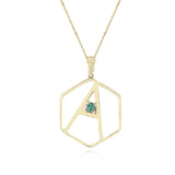 Hexagon "A" Alphabet with Malachite Cabochon Pendant Necklace, 14k
