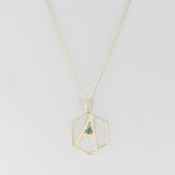 Hexagon "A" Alphabet with Malachite Cabochon Pendant Necklace, 14k