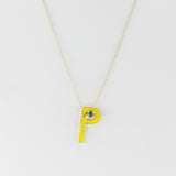 Yellow Enamel and Gold Lining "P" Alphabet with Malachite Cabochon Pendant Necklace, 14K