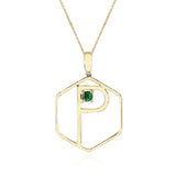 Hexagon "P" Alphabet with Malachite Cabochon Pendant Necklace, 14k