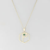Hexagon "P" Alphabet with Malachite Cabochon Pendant Necklace, 14k