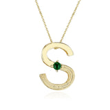 Bold and Textured Gold "S" Alphabet with Malachite Cabochon Pendant Necklace, 14k
