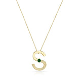 Bold and Textured Gold "S" Alphabet with Malachite Cabochon Pendant Necklace, 14k