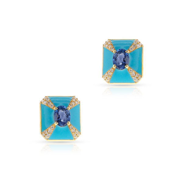 Blue Enamel, Blue Sapphire and Diamond Rectangular Earrings, 18k