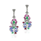 Carved Ruby, Emerald, Sapphire and Diamond Dangling Earrings, 18k
