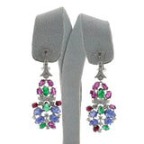 Carved Ruby, Emerald, Sapphire and Diamond Dangling Earrings, 18k