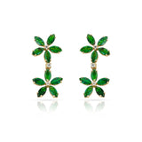 Double Floral Marquise Emerald and Diamond Dangling Earrings, 14K