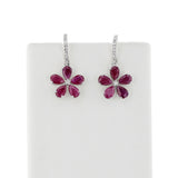 Floral Pear Ruby and Diamond Dangling Hoop Earrings, 14k White Gold