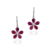 Floral Pear Ruby and Diamond Dangling Hoop Earrings, 14k White Gold
