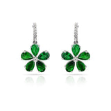 Floral Pear Emerald and Diamond Dangling Hoop Earrings, 14k White Gold