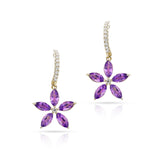 Floral Marquise Amethyst and Diamond Dangling Hoop Earrings, 14k Yellow Gold
