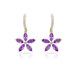 Floral Marquise Amethyst and Diamond Dangling Hoop Earrings, 14k Yellow Gold