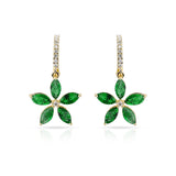 Floral Marquise Emerald and Diamond Dangling Hoop Earrings, 14k White Gold