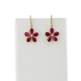 Floral Pear Ruby and Diamond Dangling Hoop Earrings, 14k Yellow Gold