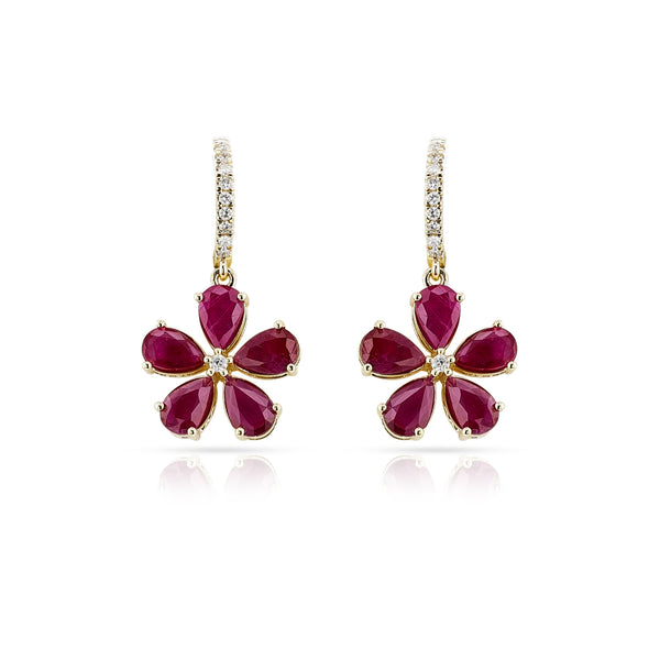 Floral Pear Ruby and Diamond Dangling Hoop Earrings, 14k Yellow Gold