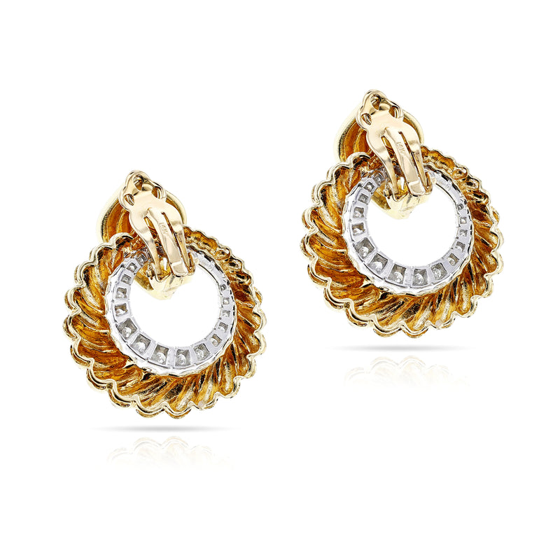 Day and Night Rope-work Gold and Diamond Dangling Circle Earrings, 14k