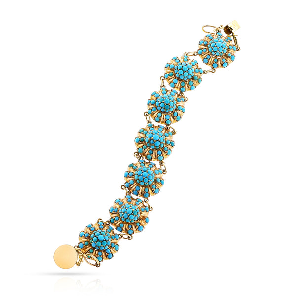 Antique Turquoise Flower Bracelet, 14k