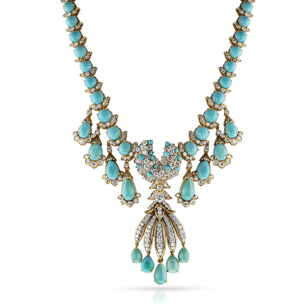 Turquoise and Diamond Fringe Necklace, Detachable Brooch, 18k
