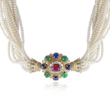 1970s Vourakis Cultured Pearl, Ruby, Emerald, Sapphire and Diamond Set of Necklace, Bracelet and Ring