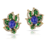 1970s BVLGARI GIA Certified Unheated Sapphire Cabochon, Emerald and Diamond Earrings, 18k