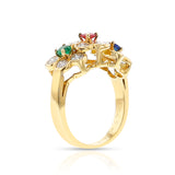 Van Cleef and Arpels Tri-Floral Emerald, Ruby, Sapphire and Diamond Ring, 18K