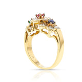 Van Cleef and Arpels Tri-Floral Emerald, Ruby, Sapphire and Diamond Ring, 18K