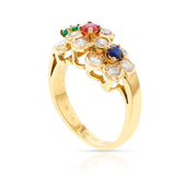 Van Cleef and Arpels Tri-Floral Emerald, Ruby, Sapphire and Diamond Ring, 18K
