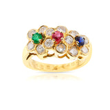 Van Cleef and Arpels Tri-Floral Emerald, Ruby, Sapphire and Diamond Ring, 18K