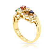 Van Cleef and Arpels Tri-Floral Emerald, Ruby, Sapphire and Diamond Ring, 18K