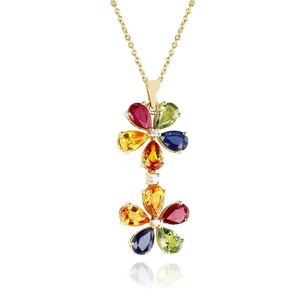 Double Multi-Sapphire and Diamond Floral Pendant, 18k