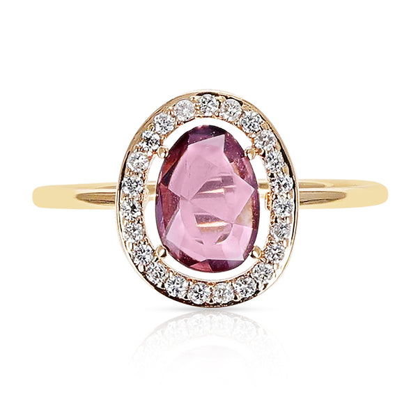 Pink Sapphire Rose Cut Ring with Diamond Halo Setting, 18k Yellow Gold