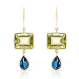 Lemon Quartz and London Blue Topaz in Rectangular and Pear Shape Dangling Earrings made in 18 Karat Yellow Gold.