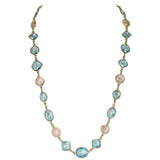 Round Rose Quartz and Oval and Diamond Blue Topaz Faceted Necklace 18K Fine Necklace