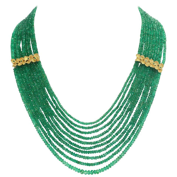 Fine Emerald Faceted Beads Necklace with Floral Emerald Designs, 18K Gold