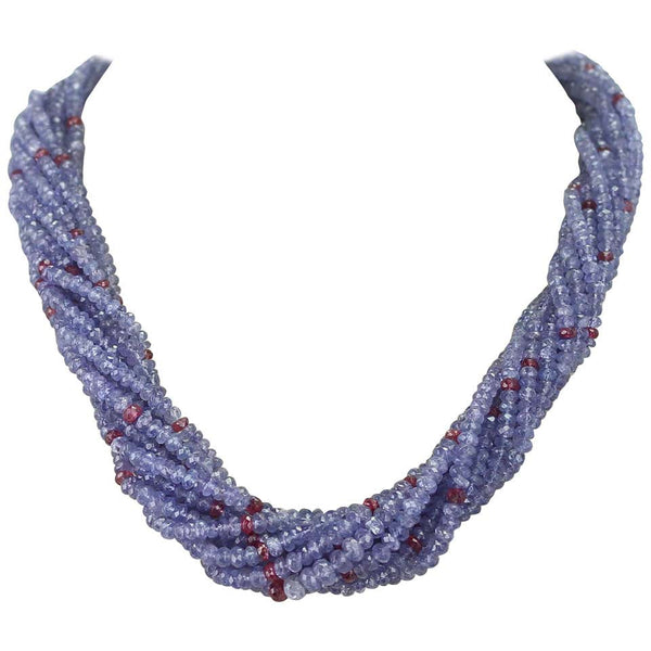 Genuine & Natural Tanzanite and Spinel Faceted Beads Choker Necklace, 18K White